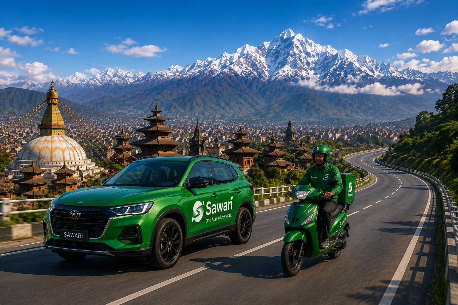 Sawari car, bikes and helicopter on a Himalayan road